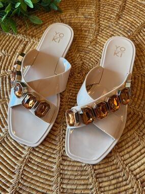 Yoki Cream Jeweled Cross-Strap Slide Sandals